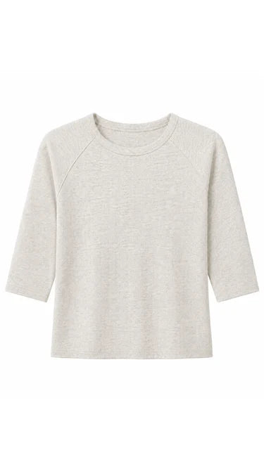 A light heather gray crewneck long-sleeve top with 3/4 sleeves, shown flat against a white background.