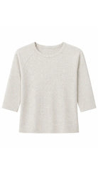 A light heather gray crewneck long-sleeve top with 3/4 sleeves, shown flat against a white background.