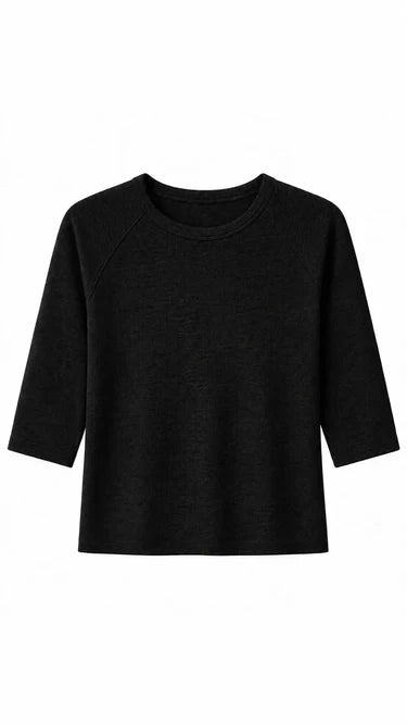 A black three-quarter sleeve crewneck top, shown flat against a plain white background.