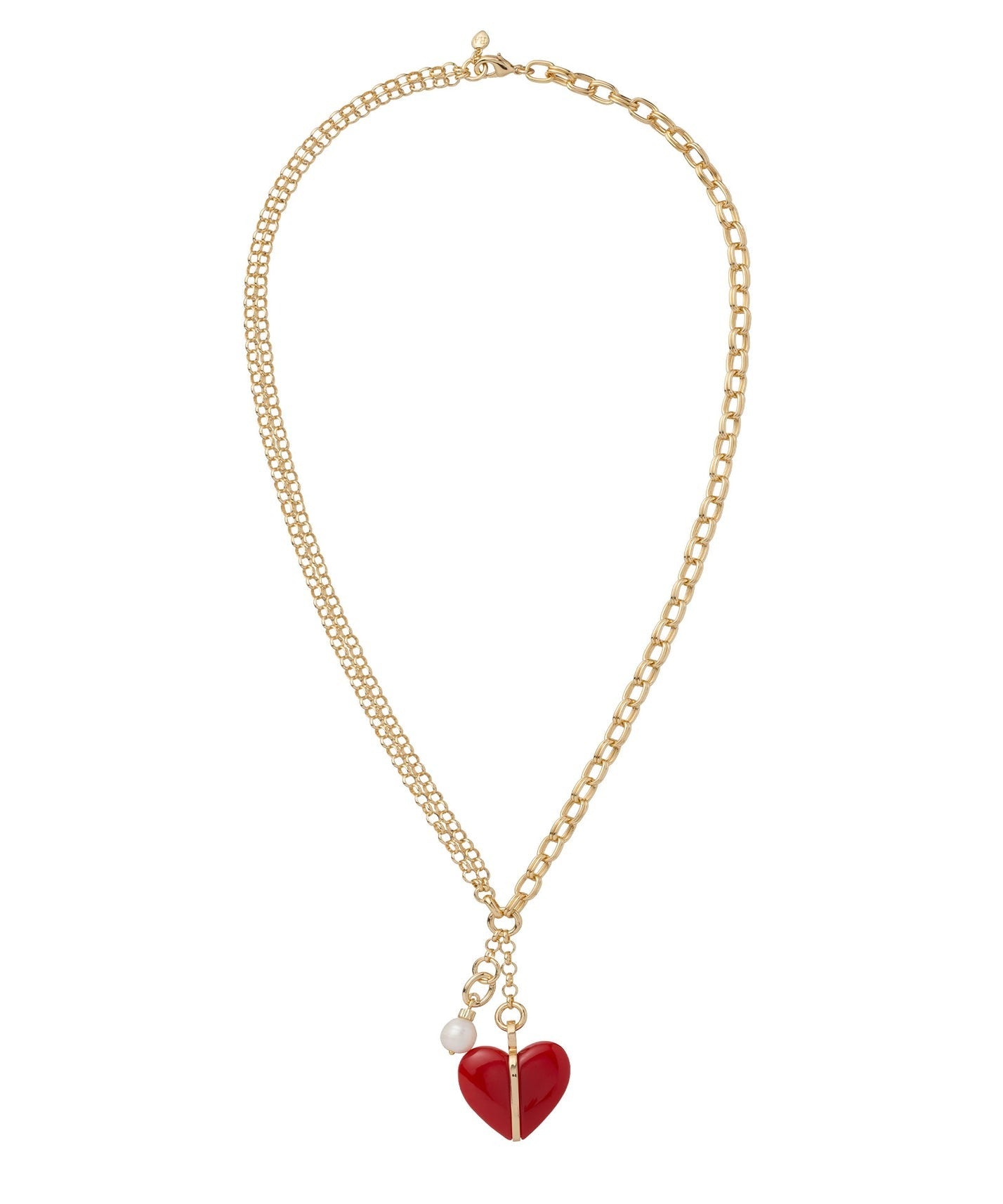 Gold chain necklace with a red heart pendant on a white background