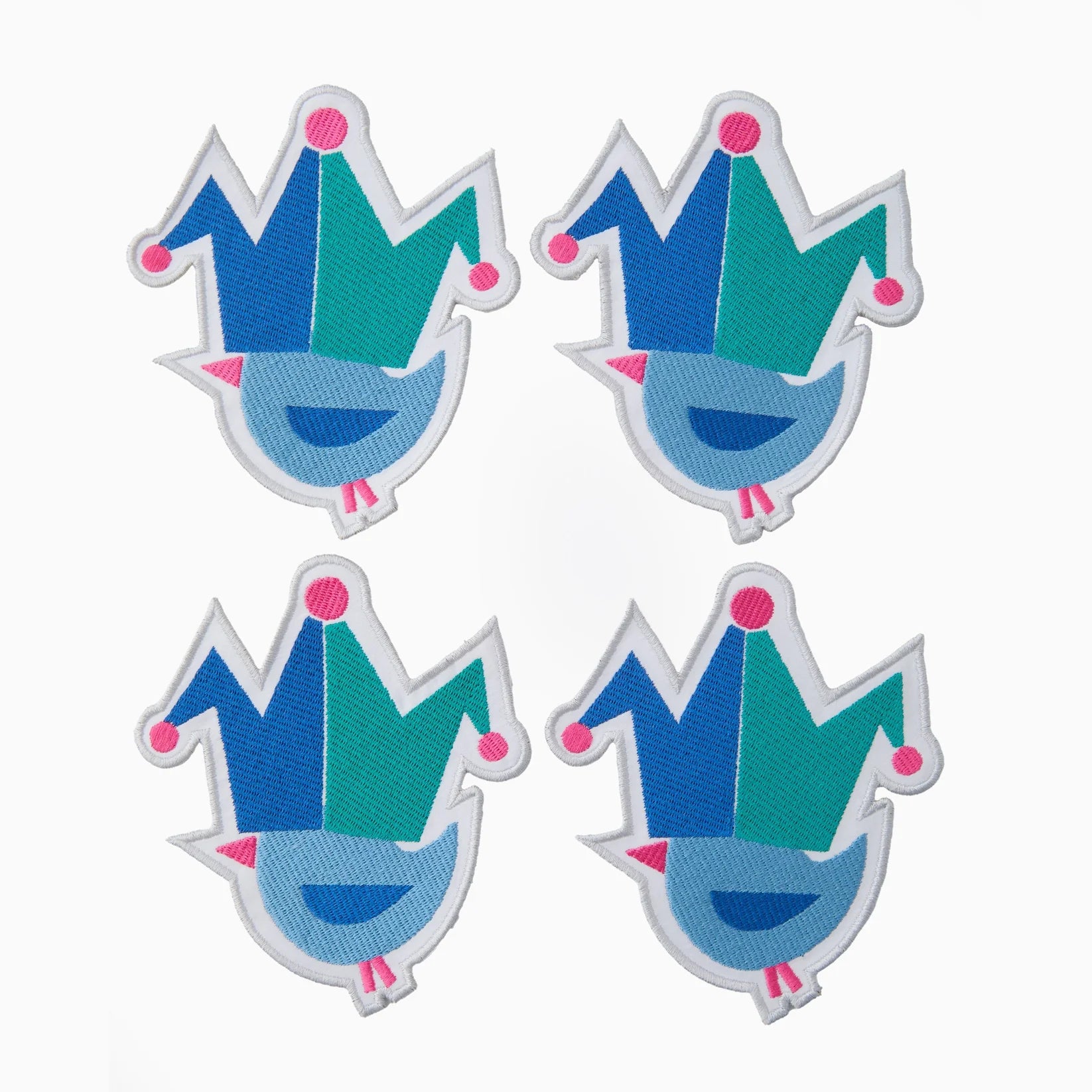 Four blue and green cartoon character stickers with crowns on a white background
