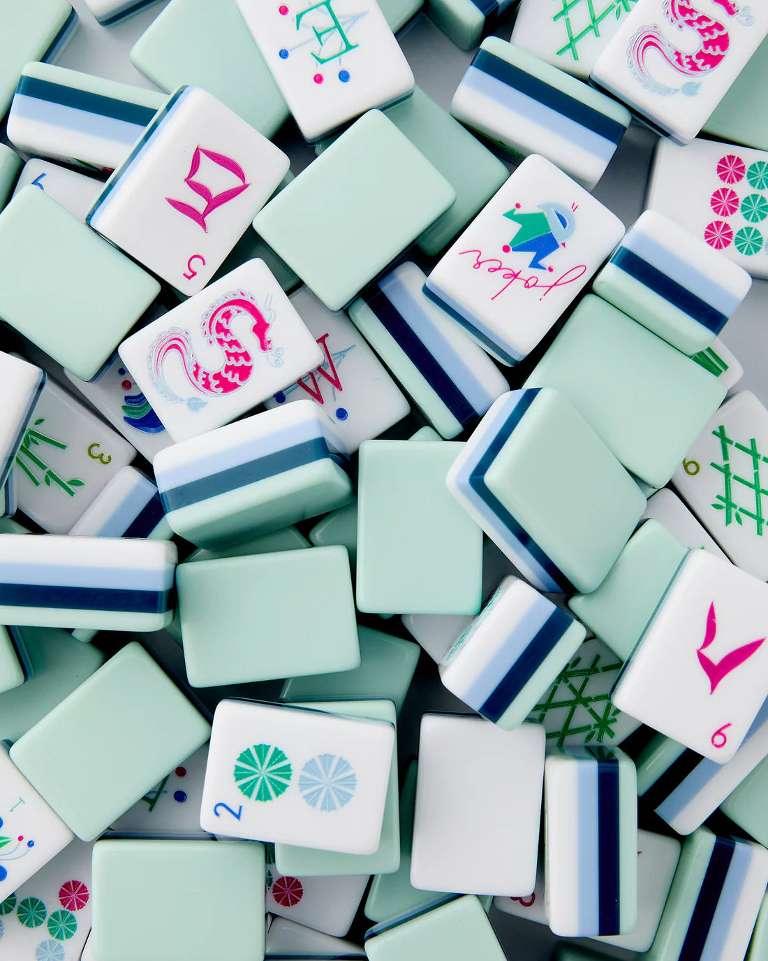 Collection of colorful麻将 tiles on a gray background