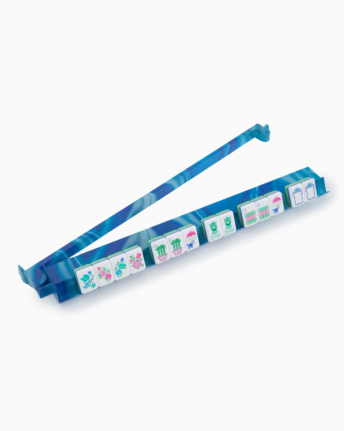 Blue weekly pill organizer with colorful labels on a white background