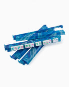 A set of blue translucent plastic game pieces with printed card faces, arranged in a crossed stack on a plain white background.