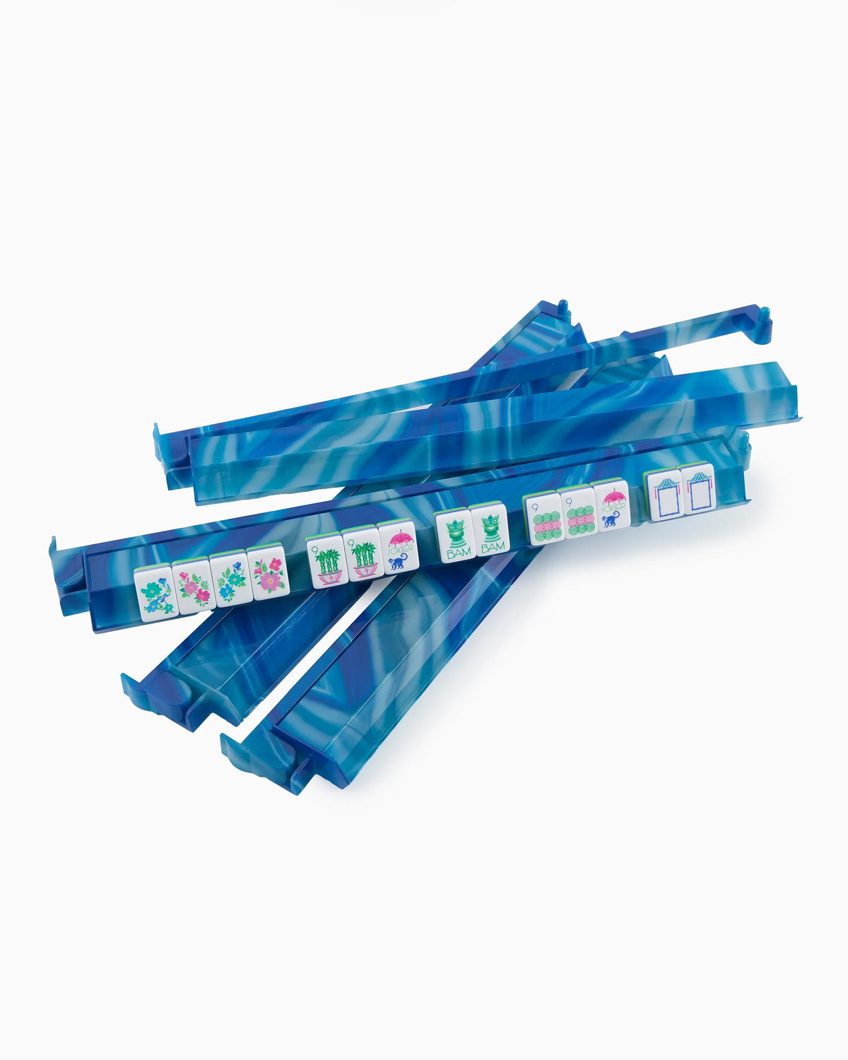 A set of blue translucent plastic game pieces with printed card faces, arranged in a crossed stack on a plain white background.