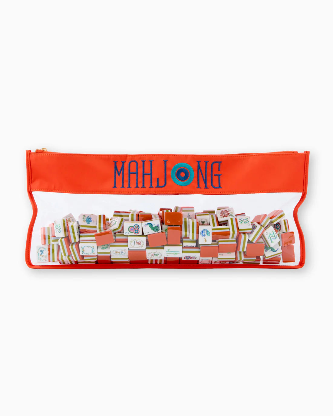 Mahjong set in a red pouch with 'MAHJONG' text on a white background