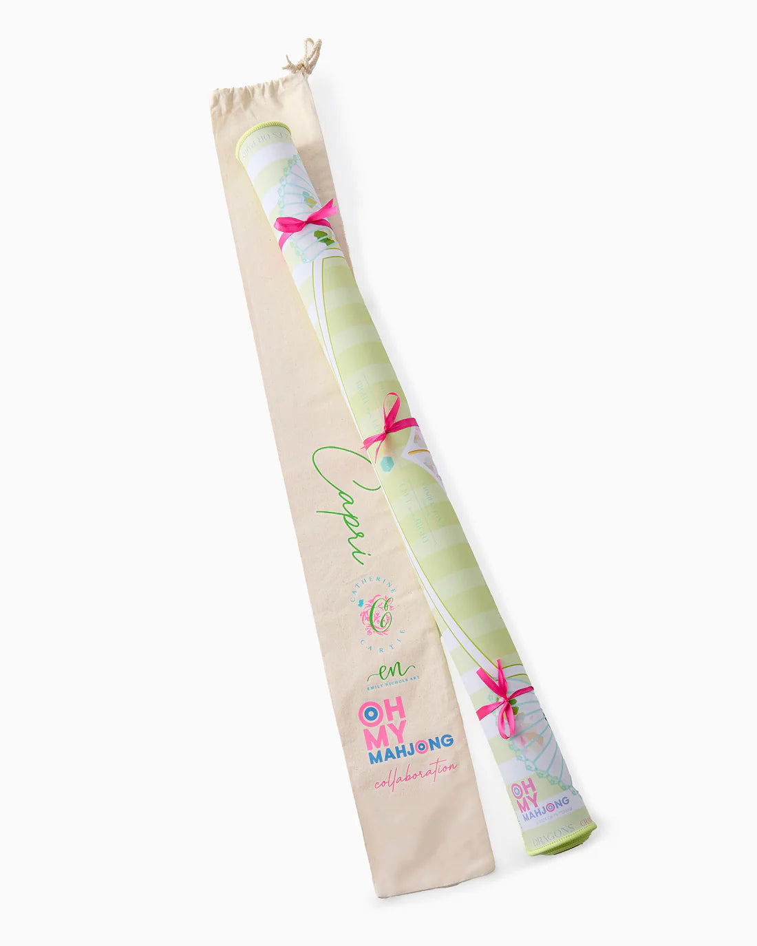 Decorative rolled-up item with pink bows in a beige drawstring bag on a white background