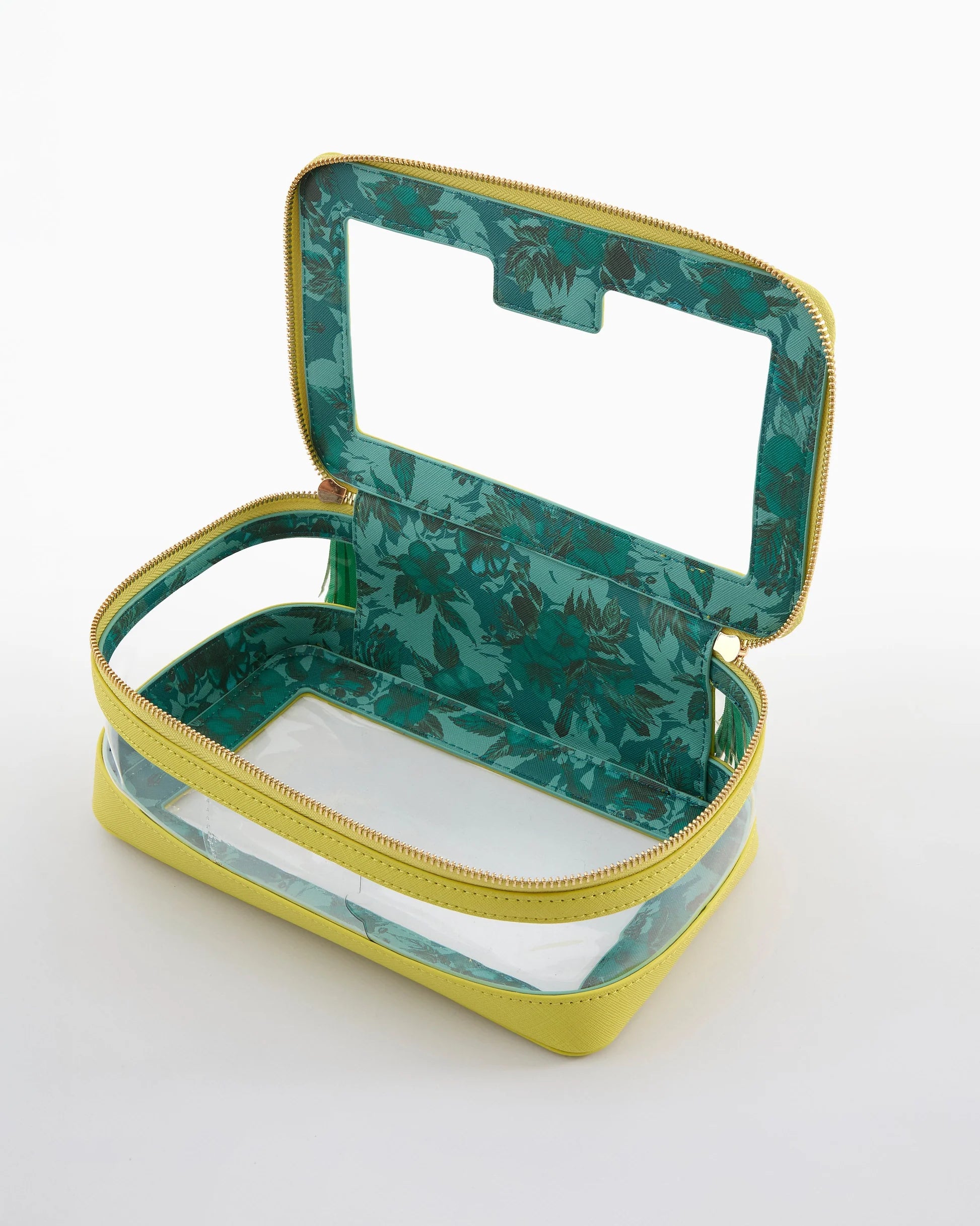 Green floral-patterned makeup case with a yellow zipper on a white background