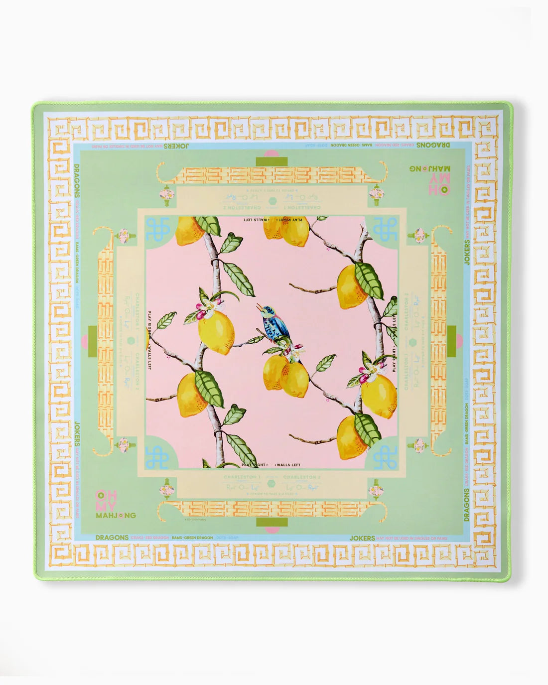 Decorative scarf with lemon design on a pink background
