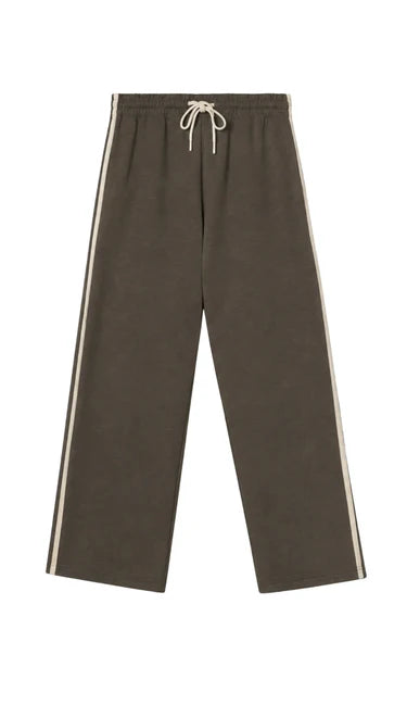 Brown sweatpants with white stripes on a white background