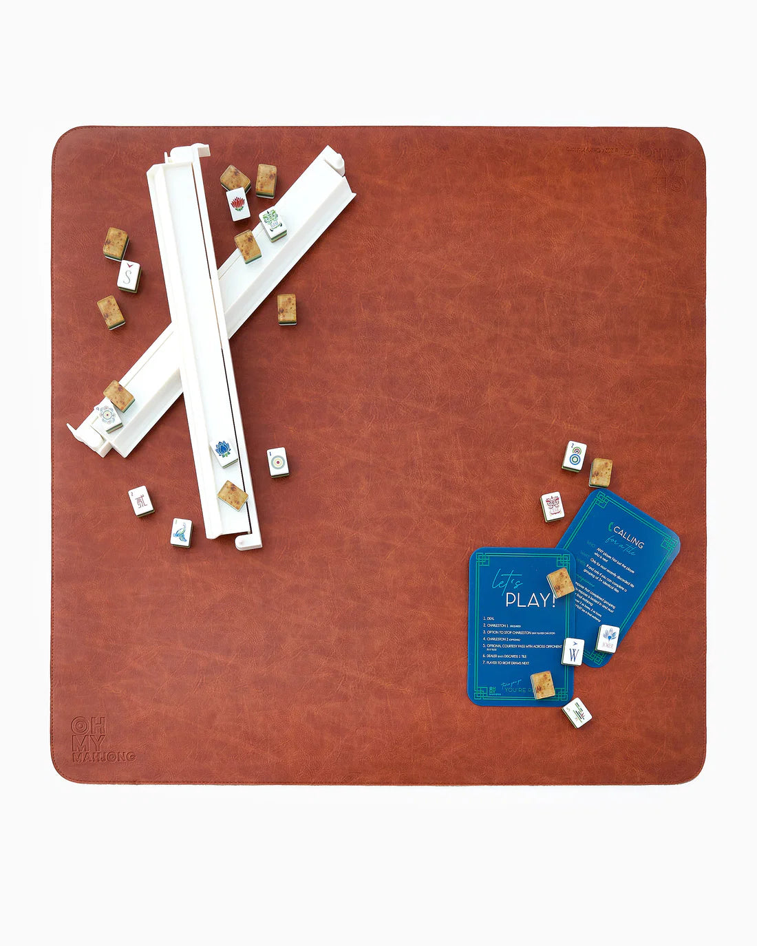 Red game board with cards, dice, and game pieces on a white background