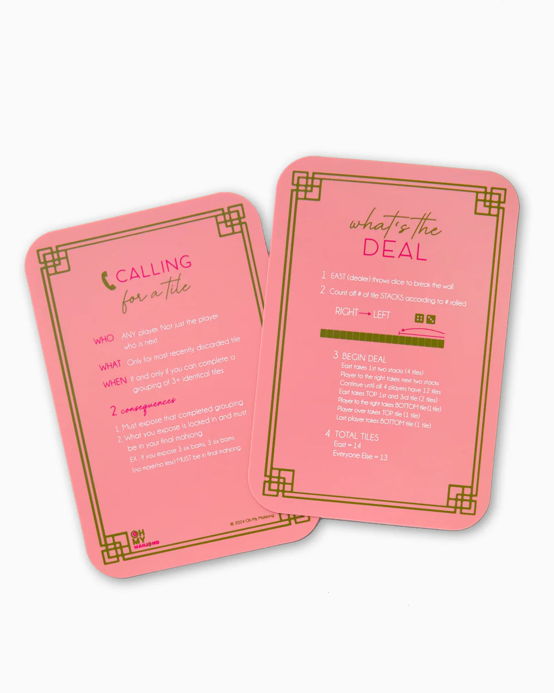 Two pink cards with text and decorative elements on a white background