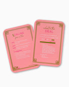 Two pink cards with text and decorative elements on a white background