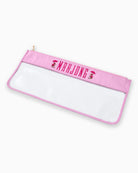 Pink pouch with clear front and 'Warjong' text on a white background