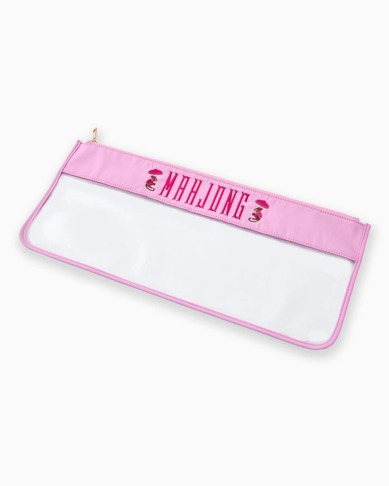 Pink pouch with clear front and 'Warjong' text on a white background