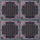 Four identical rectangular game boards arranged in a 2x2 grid on a plain white background. The boards feature a plaid pattern in muted pink, purple, and teal with a dark teal central grid area and decorative corner details.