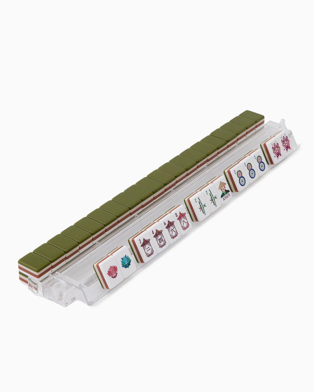 Set of Mahjong tiles in a clear plastic case on a white background