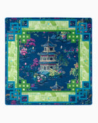 Decorative tablecloth with a pagoda design on a blue background