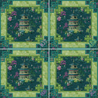 Patterned fabric with pagoda design on a green background