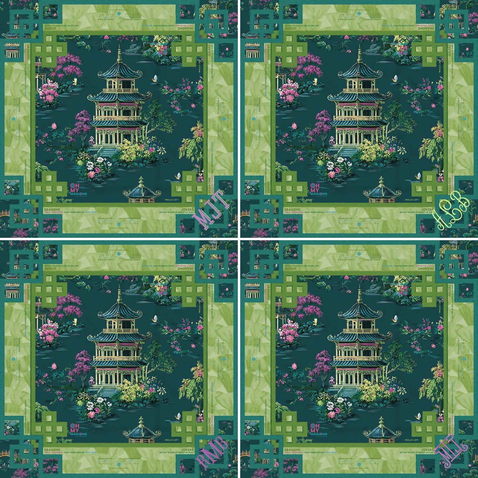 Patterned fabric with pagoda design on a green background