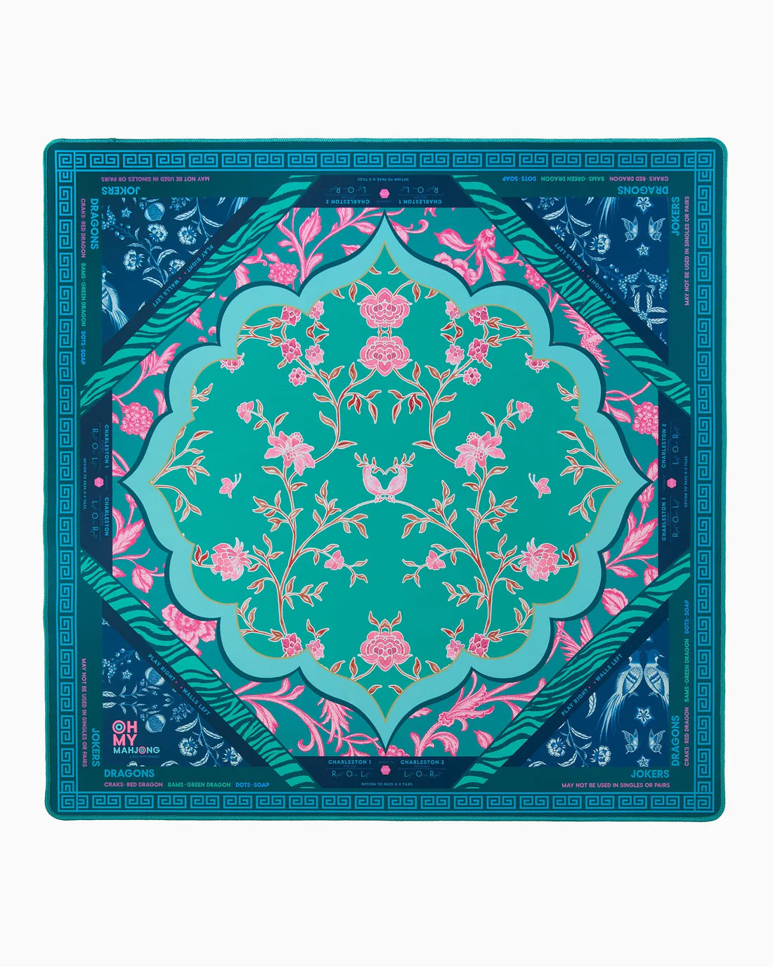 Decorative square mat with floral and geometric design on a white background