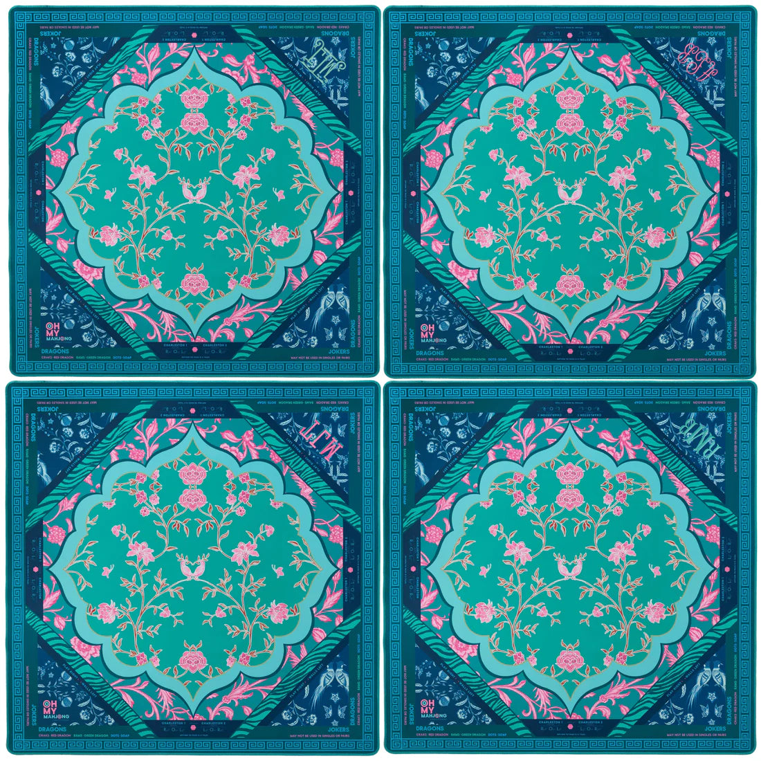 Four matching coasters with a floral design on a blue background