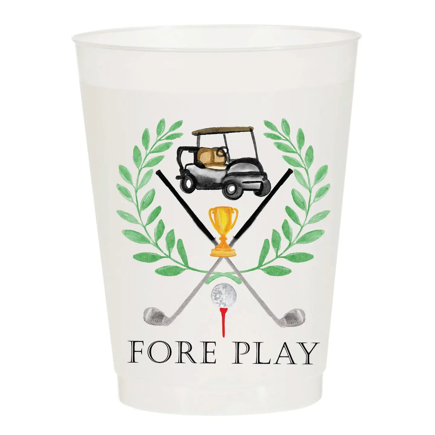 A frosted white plastic cup with a golf-themed graphic and the text 'FORE PLAY' printed on it, shown on a plain white background.