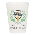 A frosted white plastic cup with a golf-themed graphic and the text 'FORE PLAY' printed on it, shown on a plain white background.