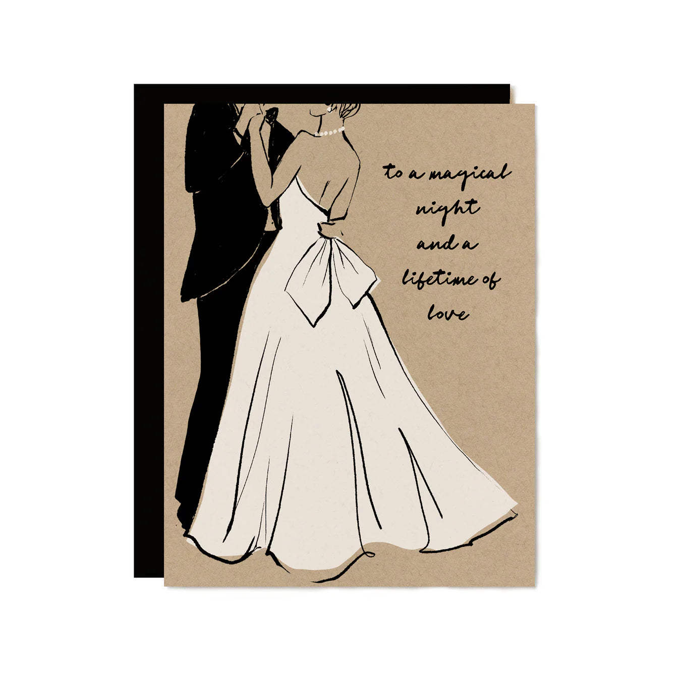 Greeting card with line drawing of a couple embracing and text on a kraft paper background