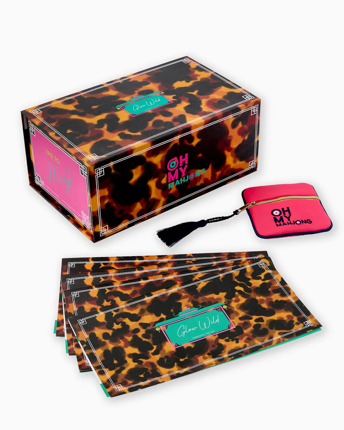 Leopard print makeup set with pink accents and 'Oh My' branding on a white background