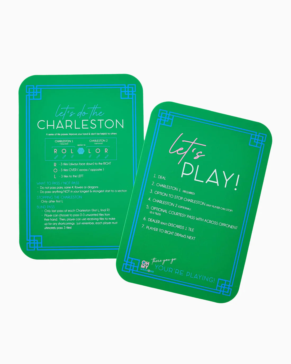 Two green playing cards with text and game instructions on a white background