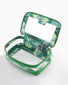 Green floral-patterned makeup case with mirror on a white background