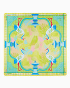 Colorful placemat with bird and pagoda design on a white background
