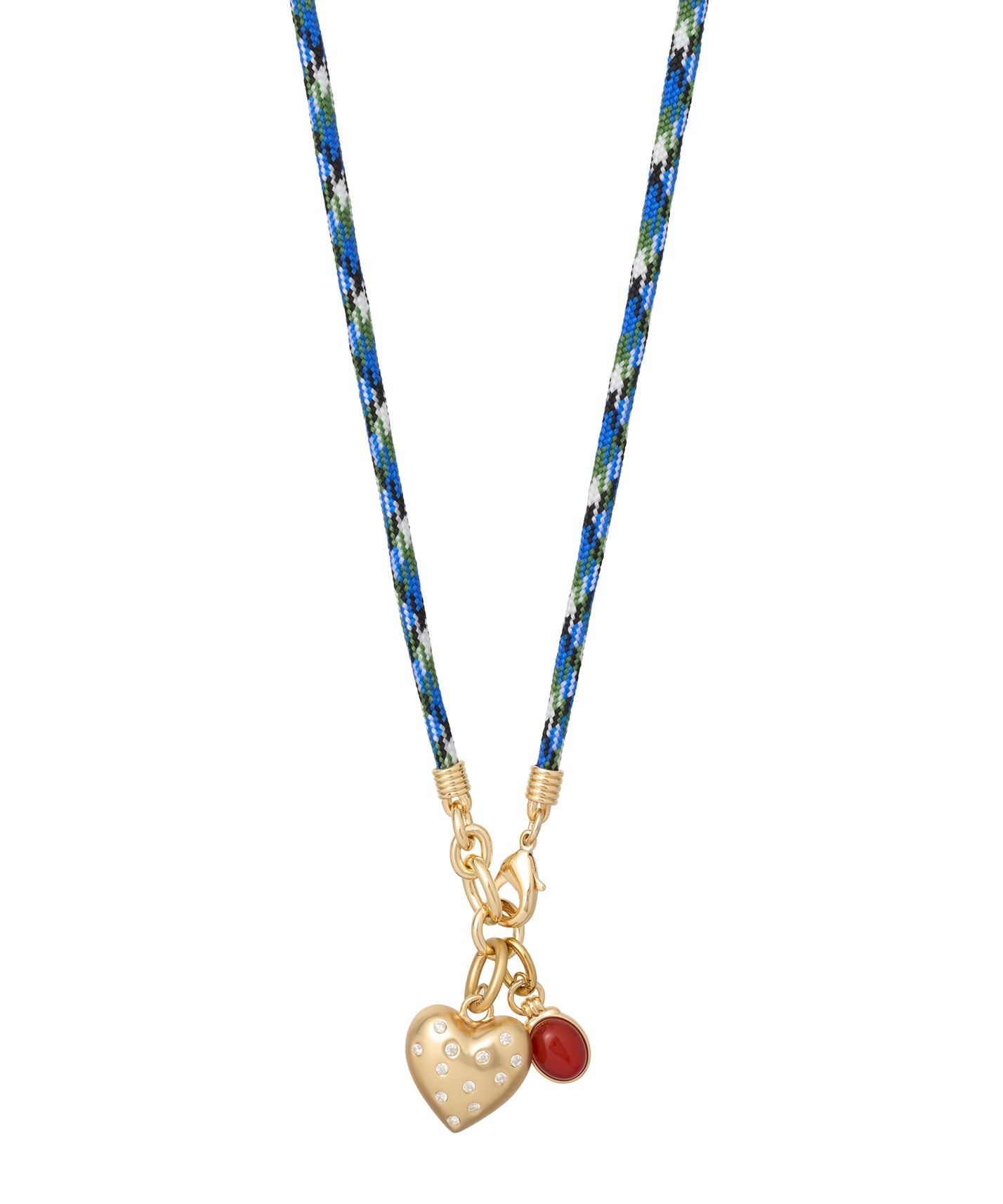 Necklace with heart-shaped pendant and red bead on a white background