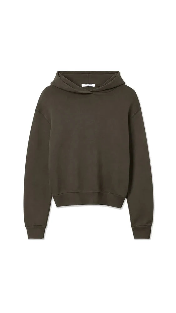 A dark brown cropped hoodie sweatshirt with a wide collar and long sleeves, shown flat against a plain white background.