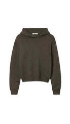 A dark brown cropped hoodie sweatshirt with a wide collar and long sleeves, shown flat against a plain white background.
