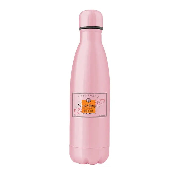 Pink water bottle with Veuve Clicquot label on a white background