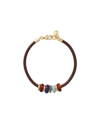 Bracelet with brown leather strap and colorful beads on a white background