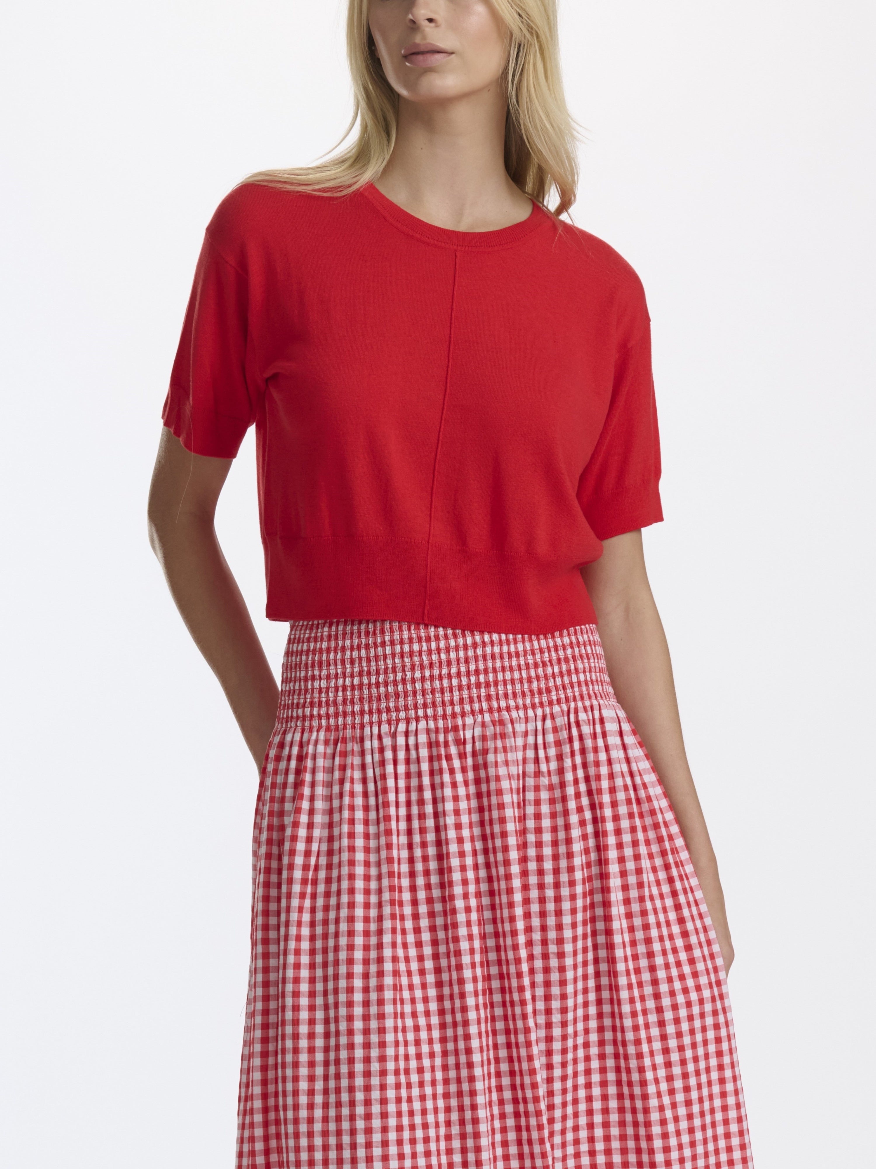 Woman wearing a red top and red and white checkered skirt on a white background