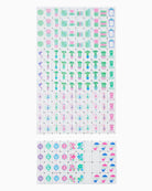 Set of colorful stickers with various designs on a white background