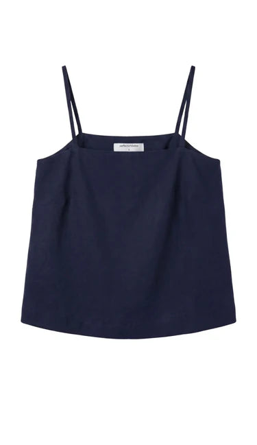 Navy blue top with thin straps on a white background