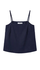 Navy blue top with thin straps on a white background