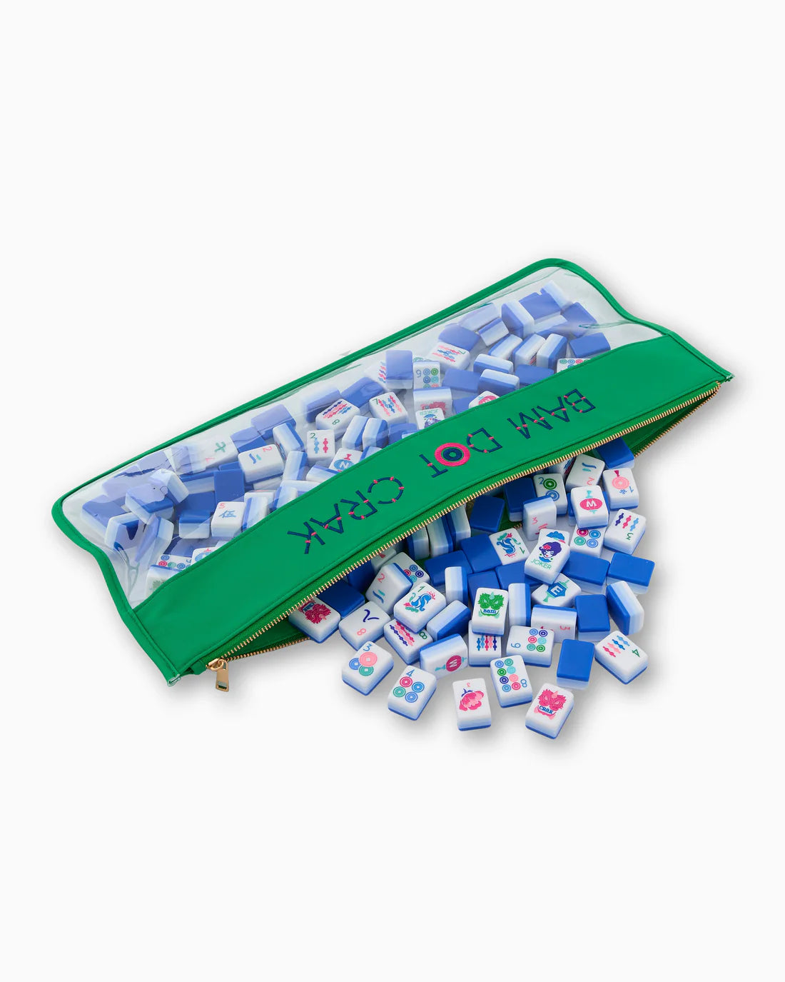 Set of mini tiles with a green pouch on a white background