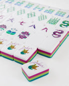 Colorful麻将 tiles with cartoon characters on a white background