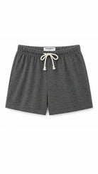 Gray shorts with a drawstring on a white background