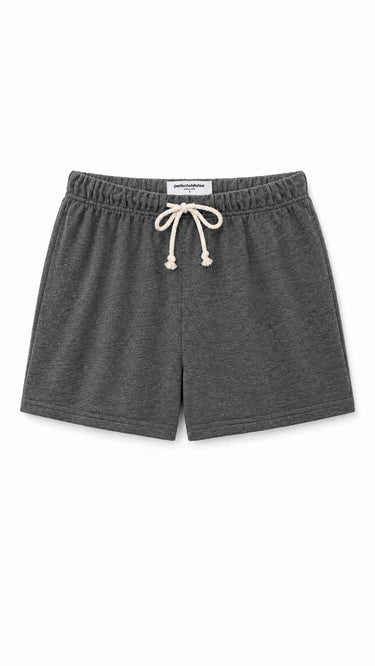 Gray shorts with a drawstring on a white background
