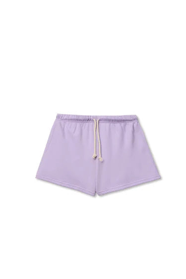 Lavender shorts with a drawstring on a white background
