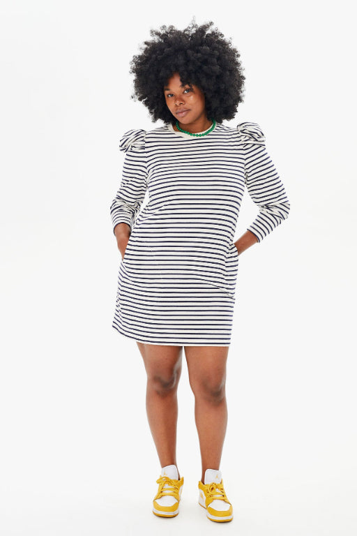 Le Puff Dress- Navy & Cream Stripe