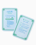 Two light blue cards with green borders and text on a white background
