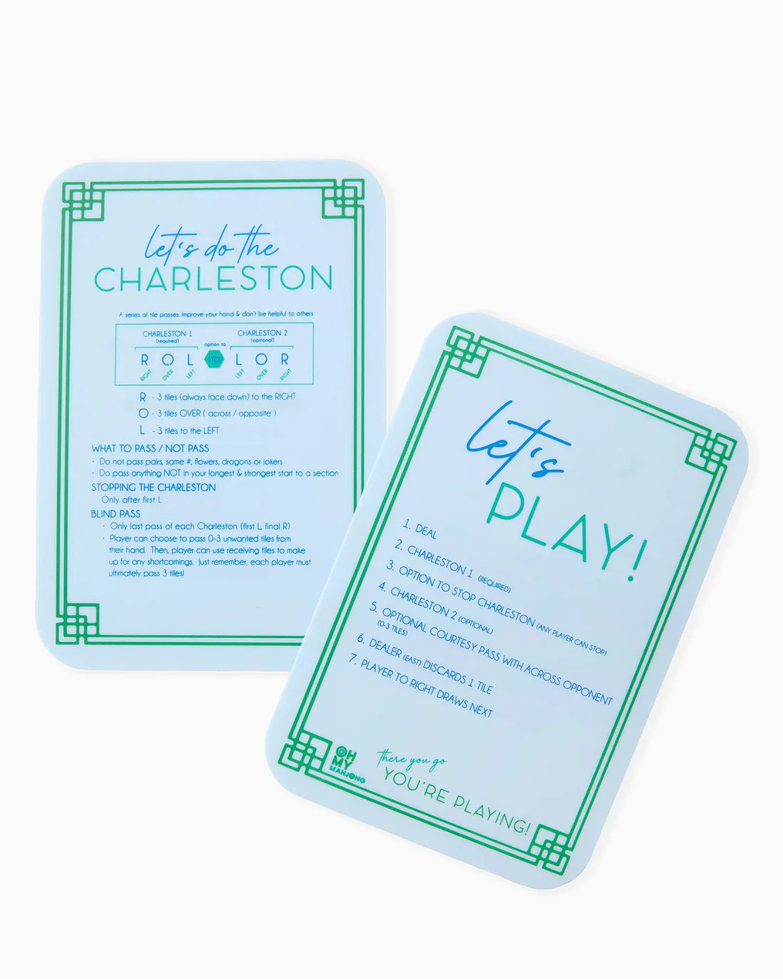 Two light blue cards with green text and decorative borders on a white background.